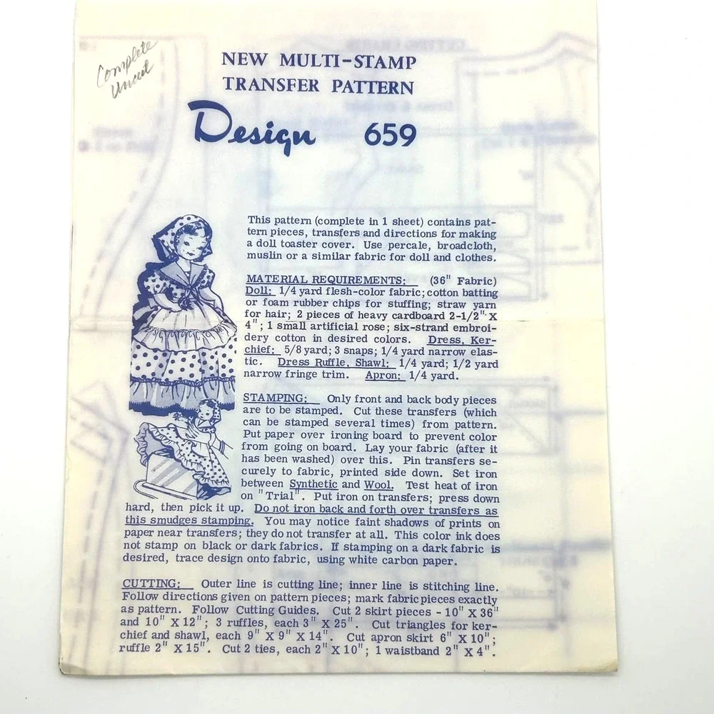 Vintage Mail Order Doll Toaster Cover Transfer Pattern #659‎